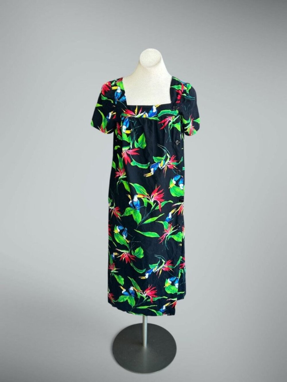 Vintage Handmade Black Toucan Floral Side Button Dress Muumuu